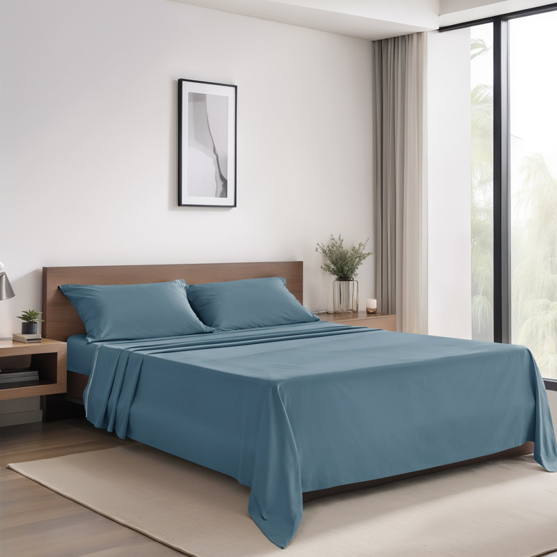 Ensemble de draps en coton super doux à densité de tissage de 1 600 fils Tencel, Bleu
