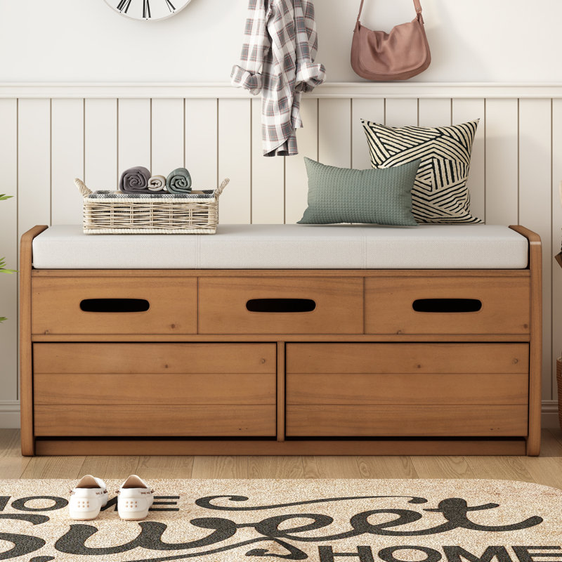 Banc de rangement rustique avec tiroirs, espace de rangement caché et faux tiroirs en haut, banc à chaussures, vestibule