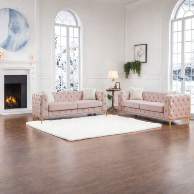 Compression Sofas, Pink Velvet 3 Seater Set, Modern Tufted Home Living Room
