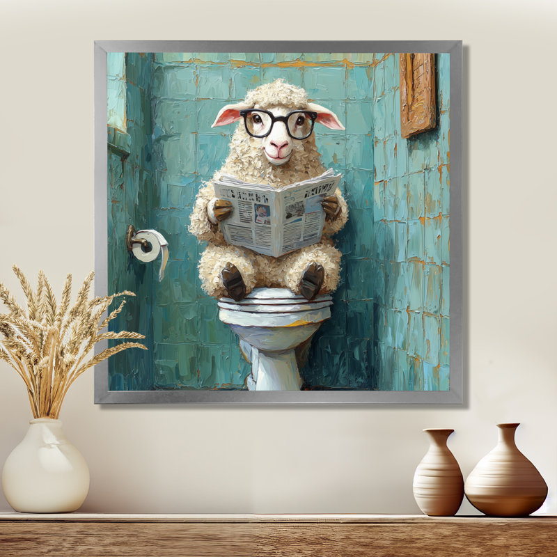 Kethia, mignon mouton lisant un journal dans la salle de bain II - mouton, art mural, H 30 po x l 30 po, Argent argent