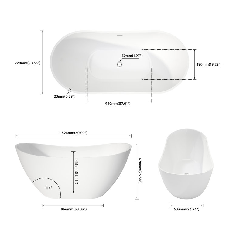 6029 Inch White Acrylic Stand Alone Bathtub, Luxury And Comfortable, High Gloss Surface Chic Style, Stain-