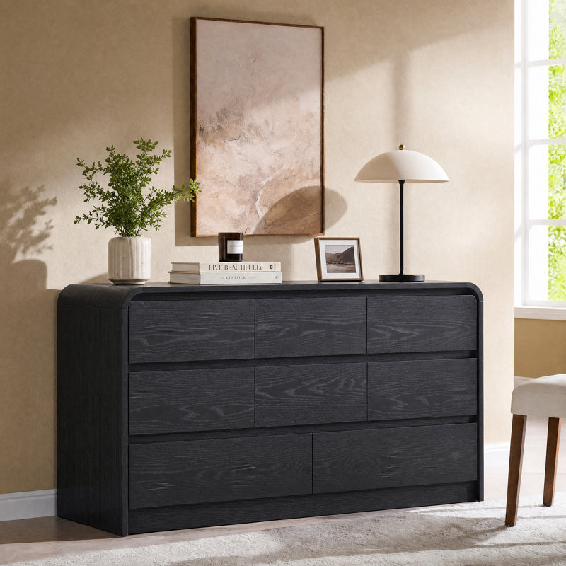 Commode moderne à 8 tiroirs de 55 po de largeur avec profil profilé incurvé pour chambre à coucher, salon, Noir
