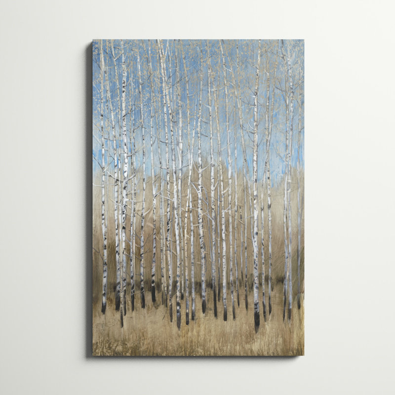«Dusty Blue Birches I», peinture sur toile, H 48 po x l 32 po
