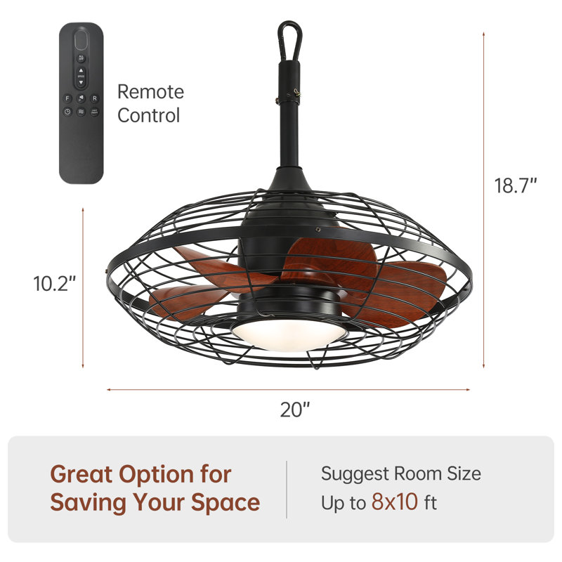 20" Cage 5-Blade Woodgrain Three-Color Variable Light Ceiling Fan with Remote Control