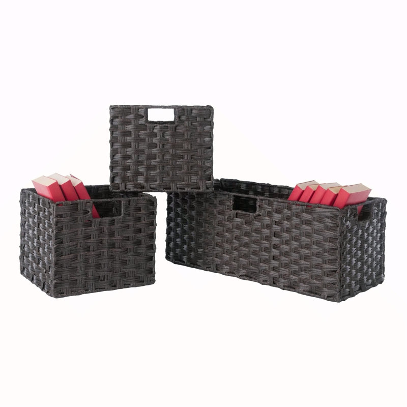 3-Pc Foldable Woven Fiber Basket Set; Chocolate, Chocolate