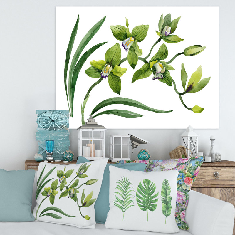 Fleurs d'orchidées vertes - peinture sur toile, H 24 po x l 32 po x P 1 po, Toile tendue