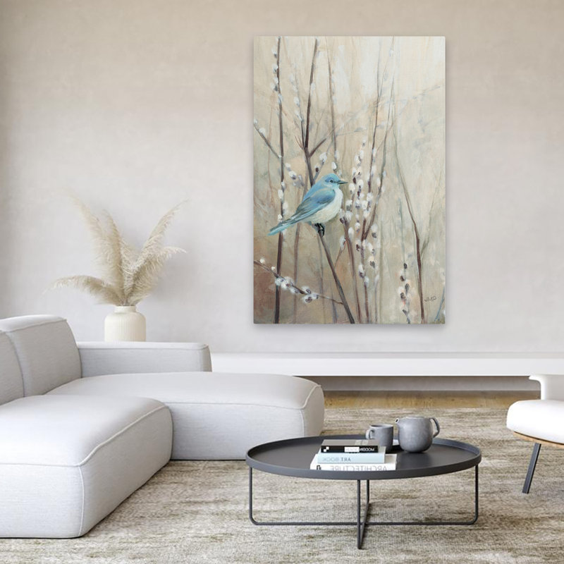 Joli oiseaux neutres, culture IV, animal contemporain, bleu, gris, beige, oiseau, H 60 po x l 40 po