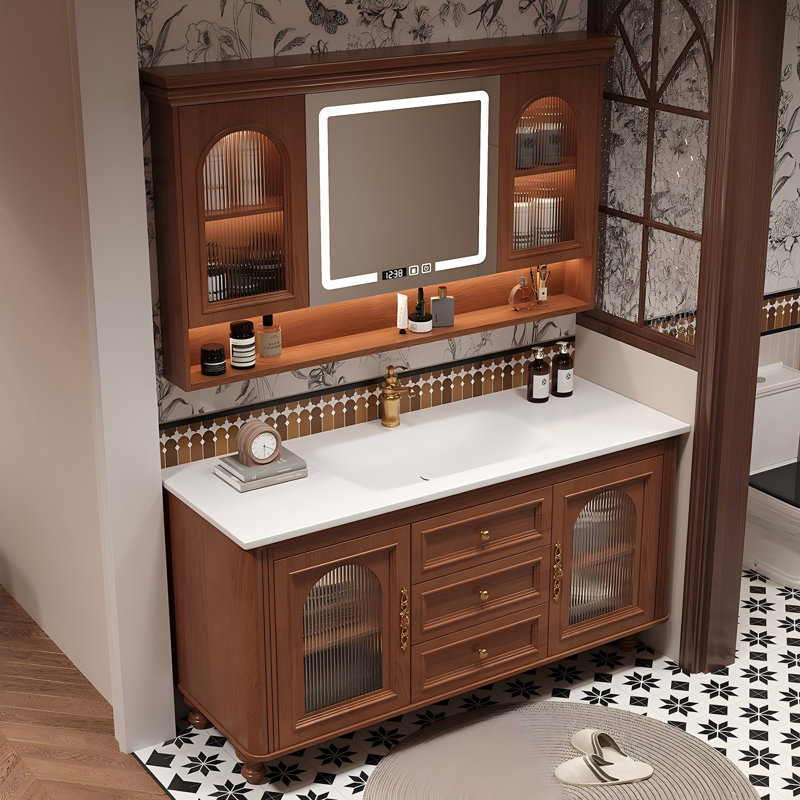 Meuble-lavabo autoportant 43,31 po en bois d'hévéa brun avec armoire à miroir, 44"