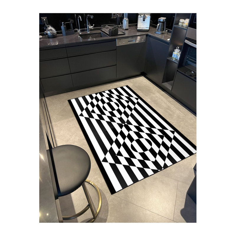 Tapis décoratif noir à motif géométrique lavable, Sous-tapis rectangulaire de 3 pi 3 po x 4 pi 11 po
