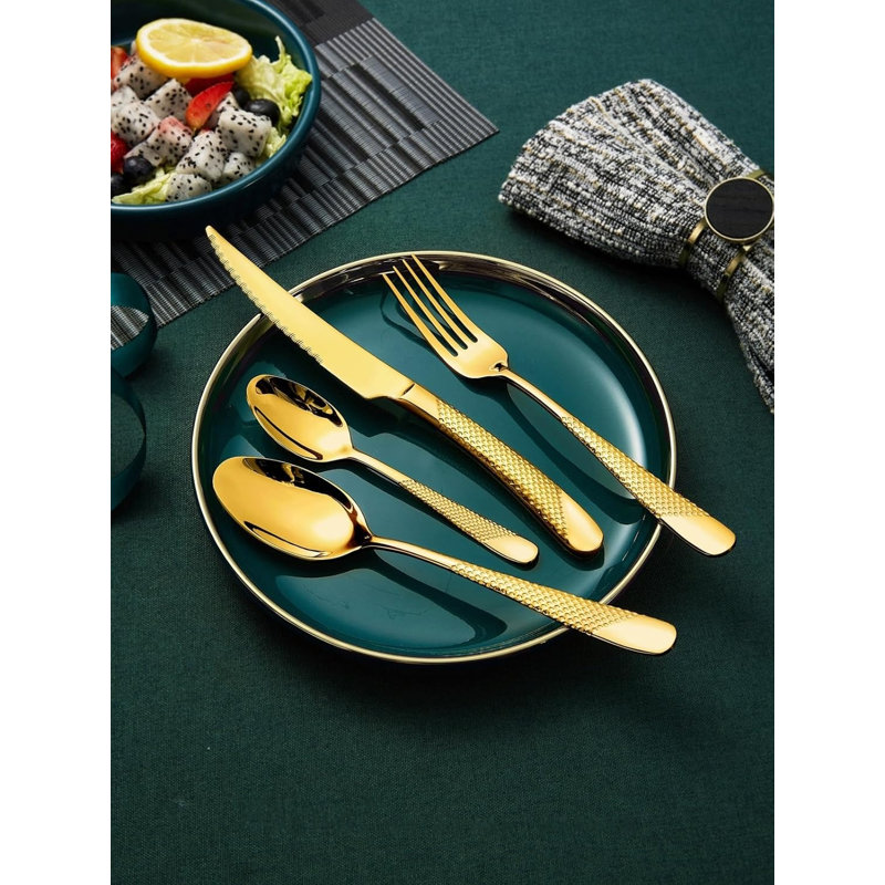 Ensemble de couverts de luxe martelé doré avec couteaux dentelés 2 en 1 ultra tranchants - Ensemble de couverts en acier inoxydable de qualité supérieure