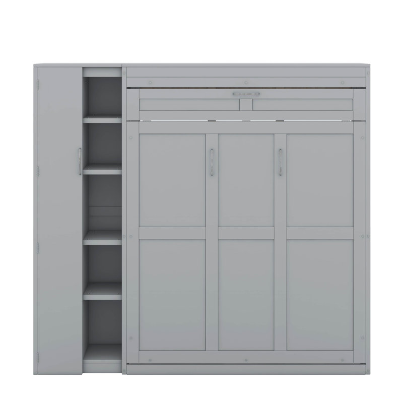 Lit escamotable mural Murphy avec tablettes, garde-robe et DEL, Lit double, Gris