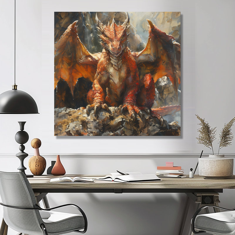  «Orange Beige Dragons Mythical Creature - décoration murale Mythical Creatures, H 16 po x l 16 po, Toile tendue