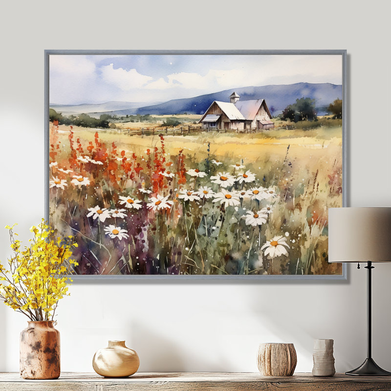 «Green Green Meadow At The Farm I», impressions sur toile florales, H 30 po x l 40 po x P 1,5 po, Encadrement argenté
