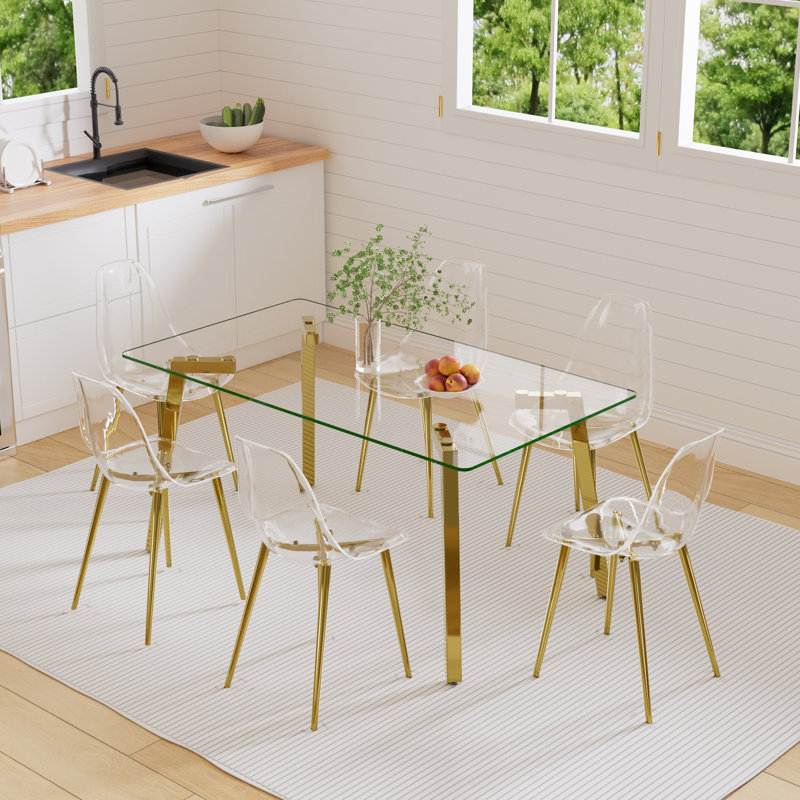 Lanor 6 - Person Four Leg Dining Set, Clear, Golden, Clear/Golden