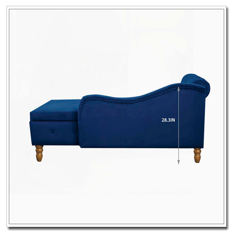 Chaise longue en velours avec rangement, coussin et garniture cloutée, Marine