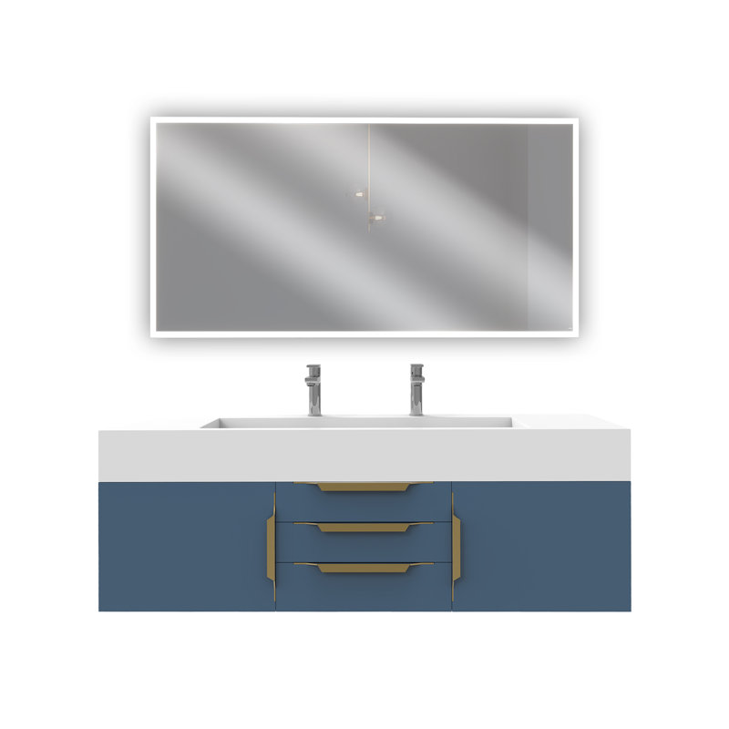 Ensemble de meuble-lavabo simple mural 60 "avec miroir Nile, Bleu, Blanc, Or