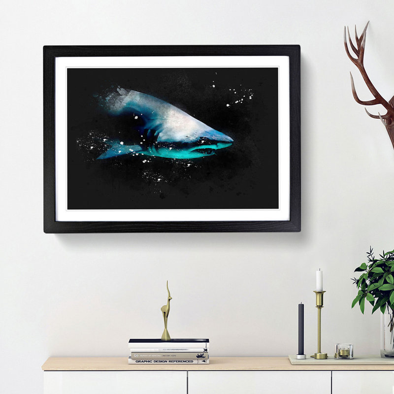 Shark In The Shadows - Picture Frame Graphic Art, Black Framed, 33cm H x 45cm W x 2cm D