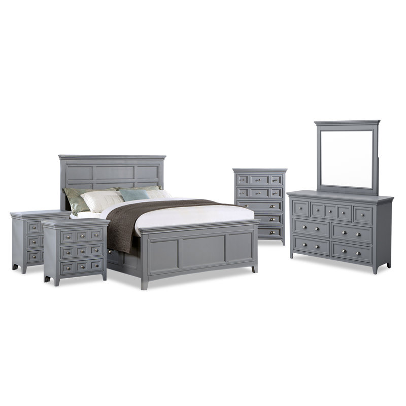Ensemble de chambre à coucher Genesha, Gris, Ensemble de six pièces : lit, deux tables de che, Lit double