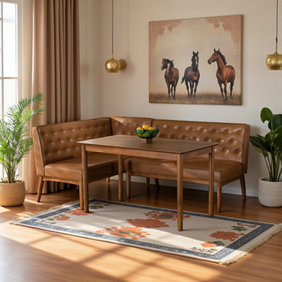 Eberhart 3-Pc Faux Leather Upholstery & Brown Finish Dining Nook Set, 27.55" H X 47.08" W X 27.32" D