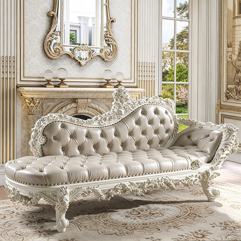 Chaise longue de luxe capitonnée et ornée de boutons sculptés de 86 pouces