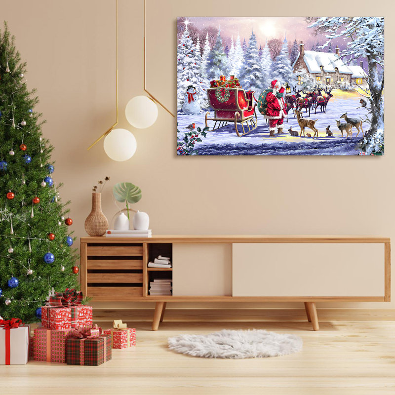 Toile encadrée, décoration de Noël, peinture de père Noël en traîneau avec des animaux mignons, cadeau de Noël, bureau, salle à manger, salon, salle de bain, décoration de chambre à coucher