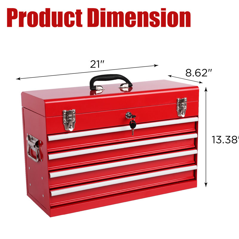 21 - Inch, Heavy Duty Portable Tool Box, Red, 4 Drawers, Liners, Auto Locking, Secure, Transport Steel Portable, Ample Organization