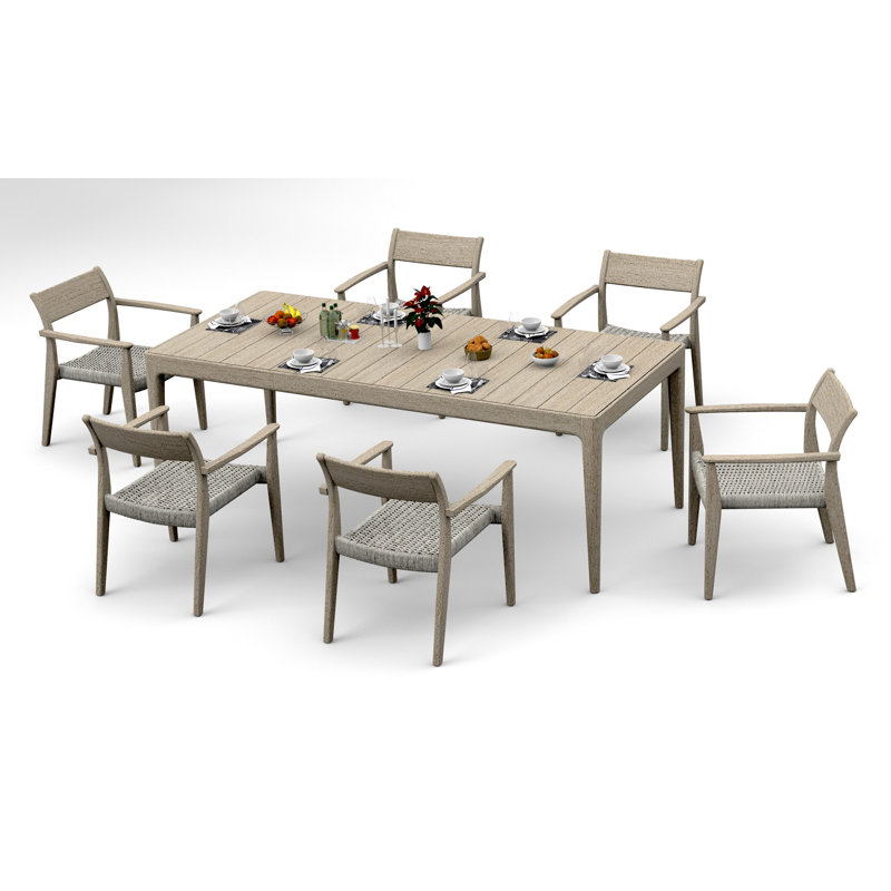 8 Seats 9 Pcs Grade-A Weathered Teak Wood Dining Set: 84" Amilo Rectangle Table And 8 Amilo Stacking Arm Chairs #11AM3108, 6