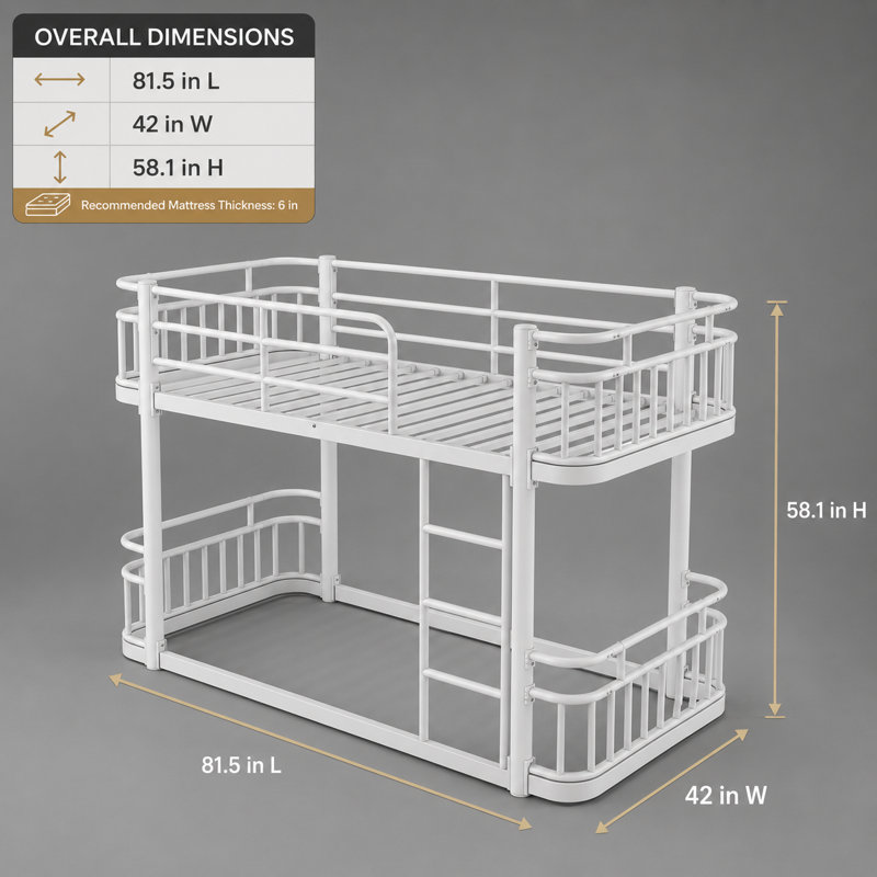 Lit superposé en métal Sheneza Twin XL Over Twin XL avec barrières de sécurité pleine longueur, échelle intégrée et lattes de support de matelas