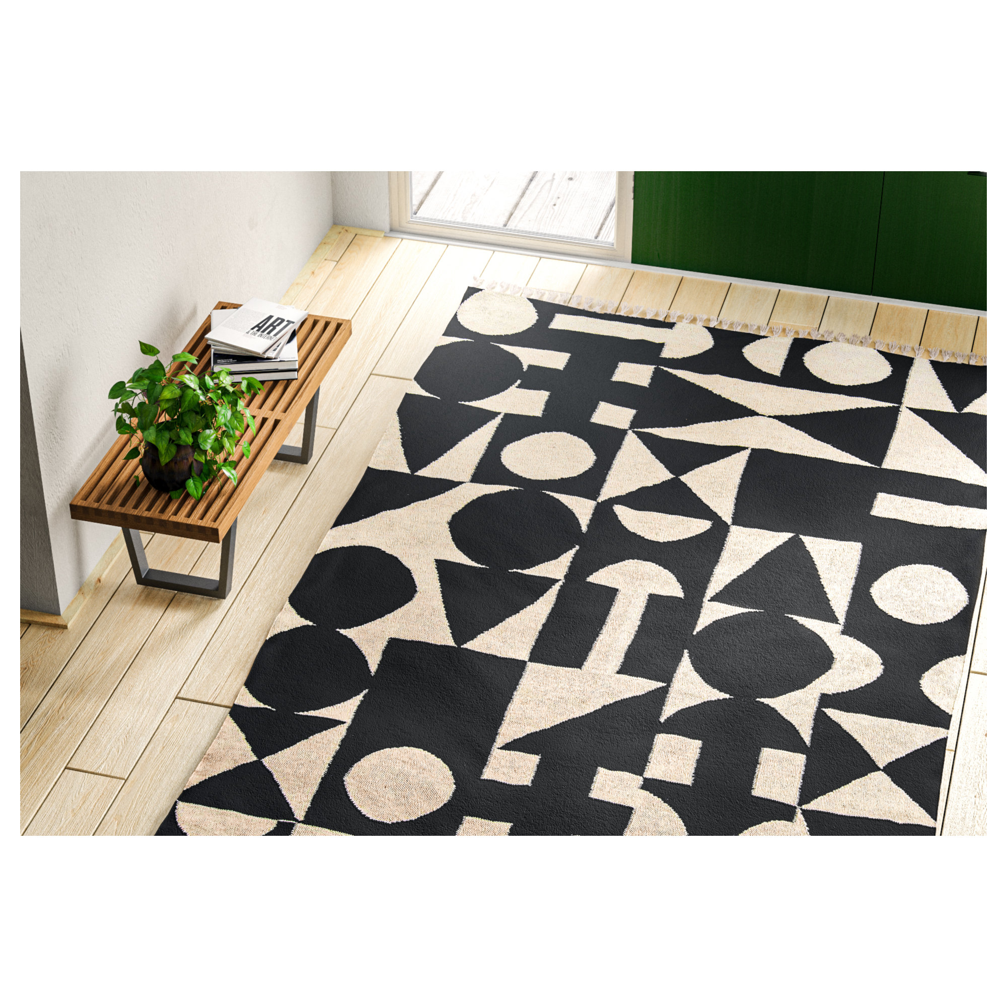 Roshni Handmade Wool Black Rug, Rectangle 7'6" x 9'6"