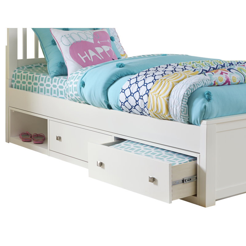 Lit plateforme simple en forme de L avec lit gigogne et tiroirs, Blanc