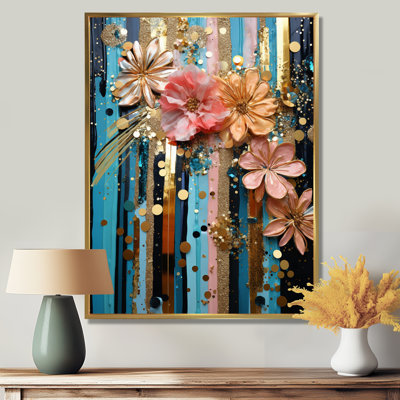 Pink Flowers Sparkling Gold Blue Geometrics - Modern Floral Wall Art Decor