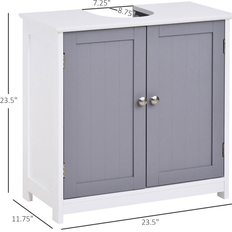 Armoire de rangement sous l'évier, avec cavité en forme de U. Blanc et gris. Offre un espace de rangement supplémentaire. Tablette réglable disponible. Fabrication robuste. 23,5 po x 11,52 po x 23,5 po. Peut contenir un meuble-lavabo de 22 lb
