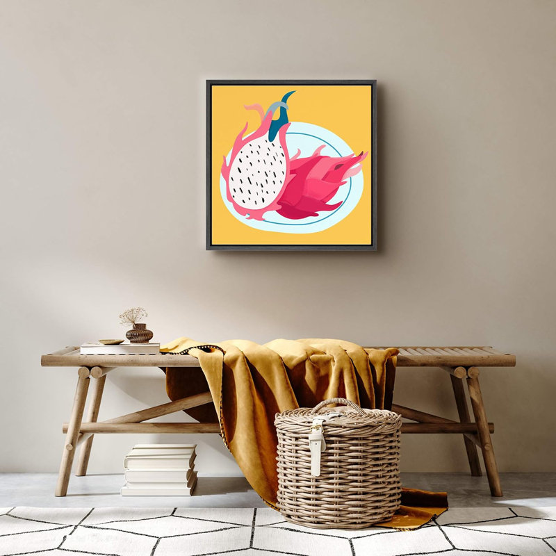 «Vibrant Tropical Pink Dragon Fruit Fruit Dessert», art moderne et chic sur fond multicolore, impression sur toile, Noir