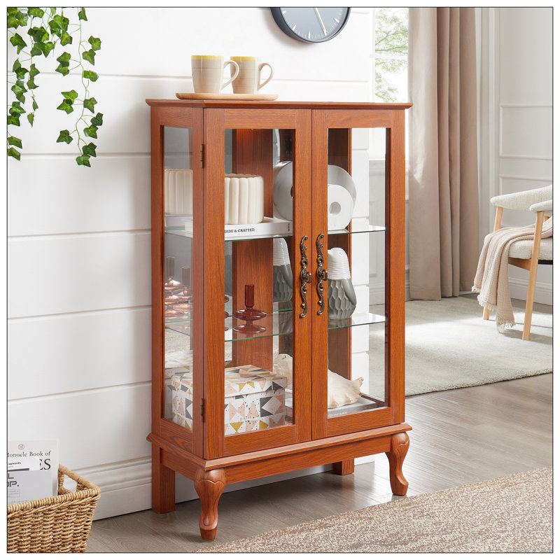 Vitrine 2 portes avec portes en verre trempé, armoires de terrasse avec panneau arrière en miroir et tablettes réglables, vitrine éclairée pour la maison, ampoule de bureau incluse CHÊNE FONCÉ