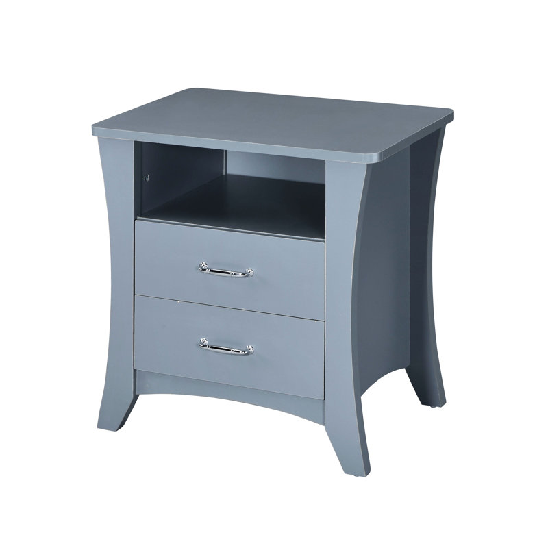 Table de chevet rectangulaire grise avec 2 tiroirs et un compartiment de rangement ouvert en bois, Grey