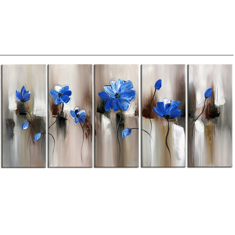 Fleur de bleu moderne, ensemble de 5 impressions sur toiles tendues