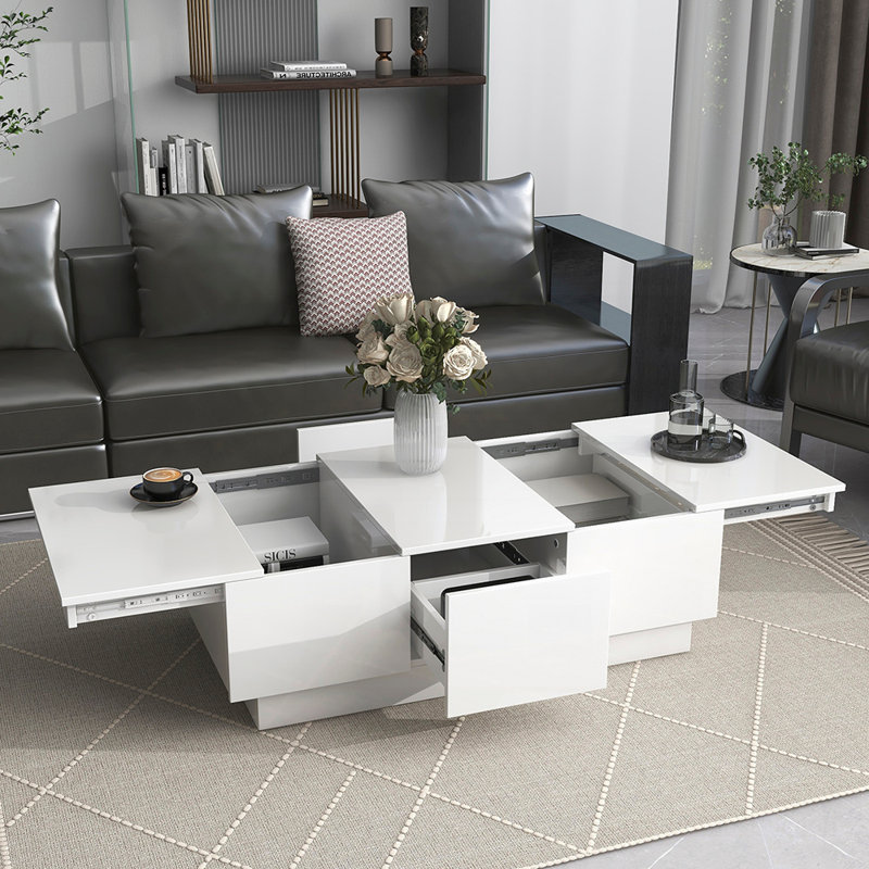 Table basse extensible rectangulaire en bois avec 2 grands compartiments de rangement cachés, Blanc