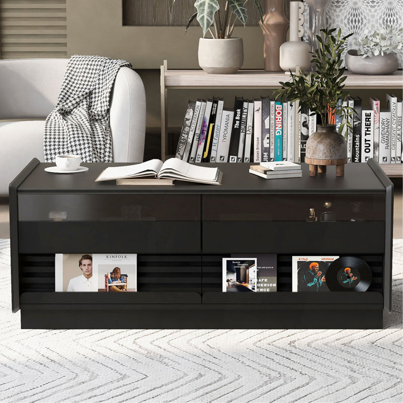 47.2" Fluted - Style Wood Coffee Table With Four Drawers, Two Display Shelves And Glass Accents, Practical Stylish Modern Rectangle Open Tempered Glass, Great For Mid Century Homes