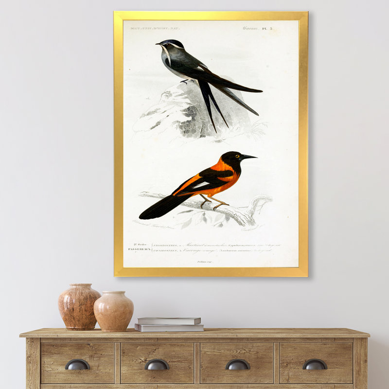 Oiseau rétro II - peinture sur toile, H 32 po x l 16 po x P 1 po, Cadre doré