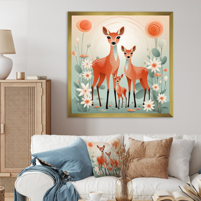 Orange And Green Deer Family Serenity  I - Deer Animal Wall Art
