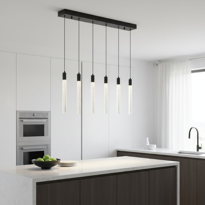 5 Lights  Modern LED Crystal Pendant Light Kitchen Island Liner Style 3000 K Triac Dimming, Matte Black