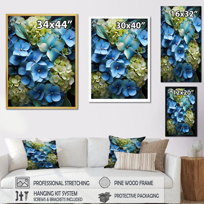 Fleurs d'hortensias méticuleusement rendues, H 32 po x l 24 po x P 1 po, Cadre flottant noir