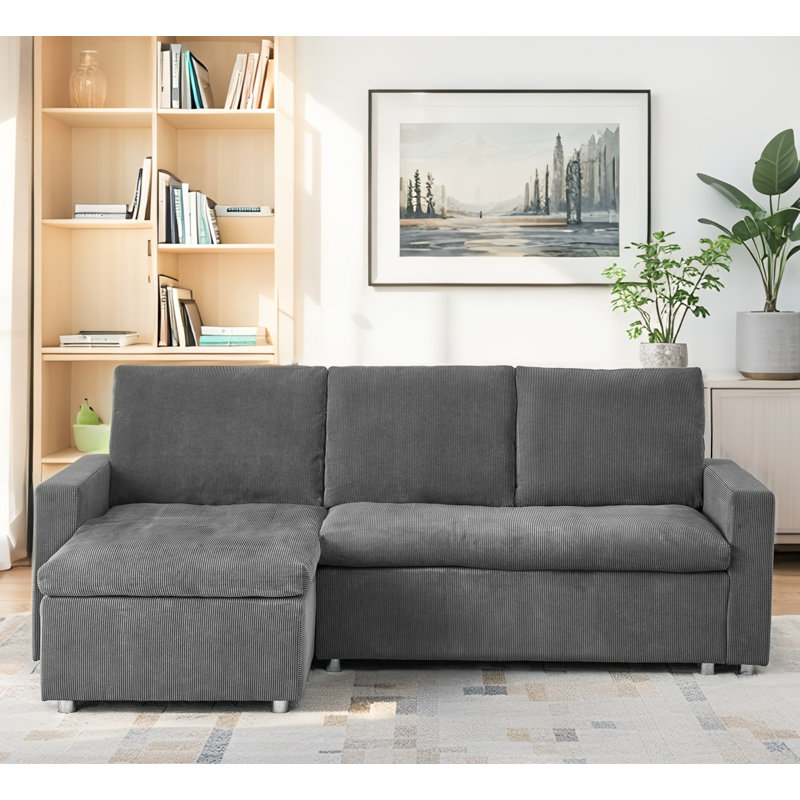 90" L-Shaped Convertible Sleeper Sofa Bed - Corduroy With Reversible Chaise & Hidden Storage, Gray