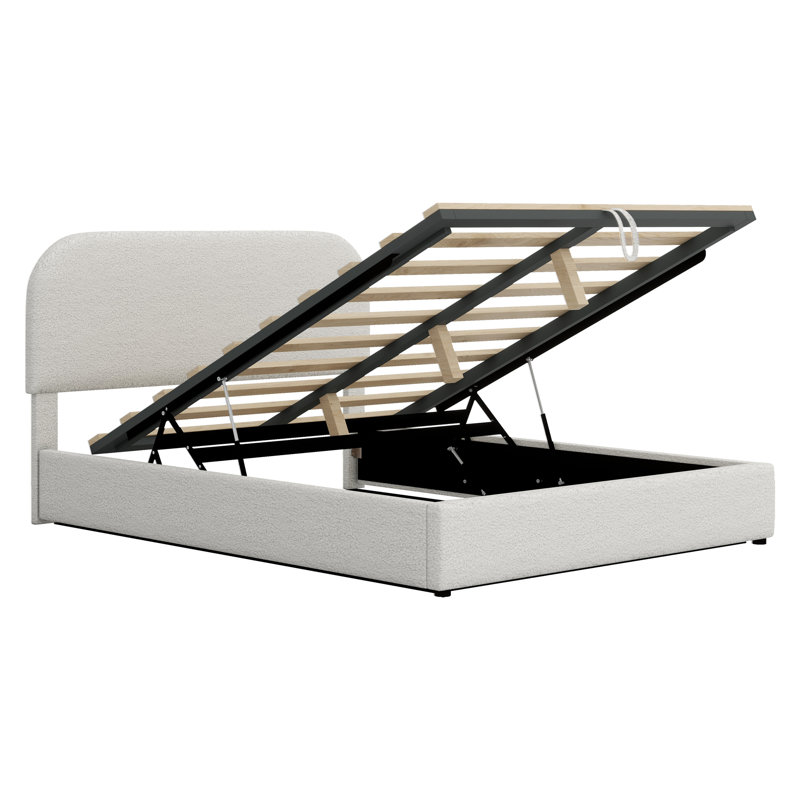 Lit plateforme tapissier avec système de rangement hydraulique, Blanc