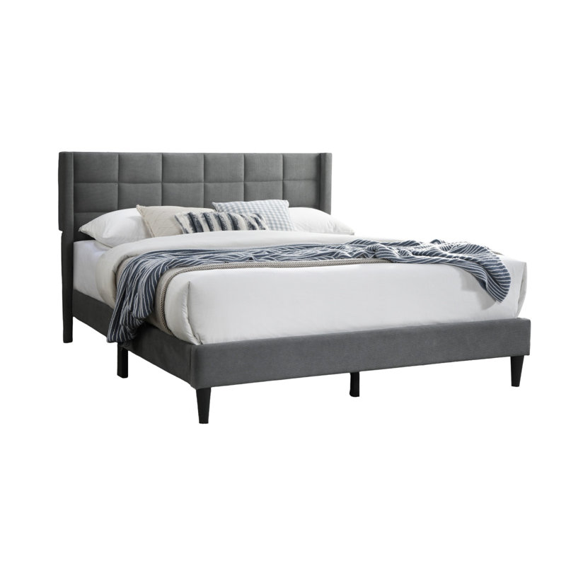 Elegant Modern Gray Brushed Linen 1Pc Queen Size Bed Upholstered Box Design Headboard Bedframe, Gray, King