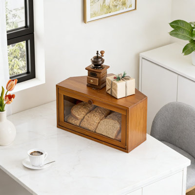 Corner Bread Box For Kitchen Countertop, Large Bamboo Bread Storage Container With Window, Airtight Farmhouse Bread Holder For Homemade Bread And Baked Goods