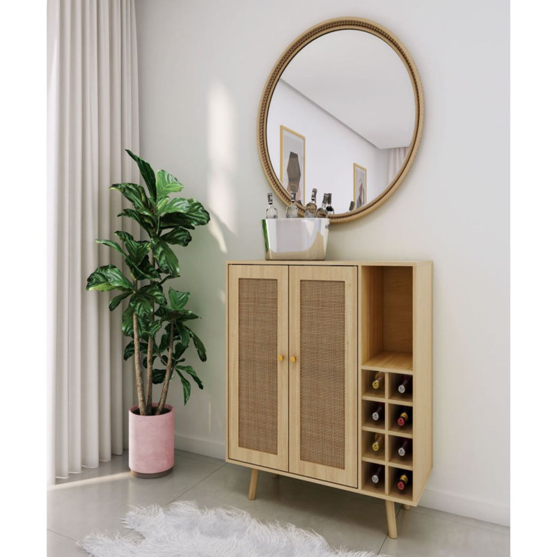 Bar bohémien, portes en rotin naturel, porte-bouteilles amovible en bois naturel