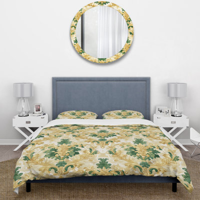 Green Gold Damask And Baroque Pattern I - Damask Duvet Cover Set