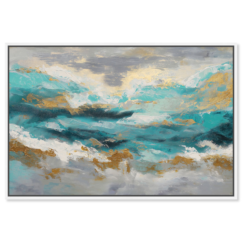 "Golden Tides", impression sur toile encadrée bleue et dorée par Art Remedy, cadre blanc, 45 x 30, H 31 po x l 46 po