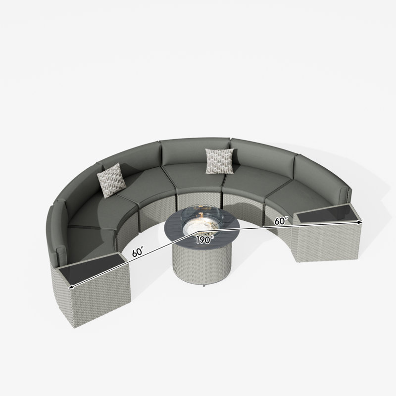 Ensemble de conversation courbé demi-lune pour 6 personnes avec table de foyer et table d'appoint Meredithe, Gris